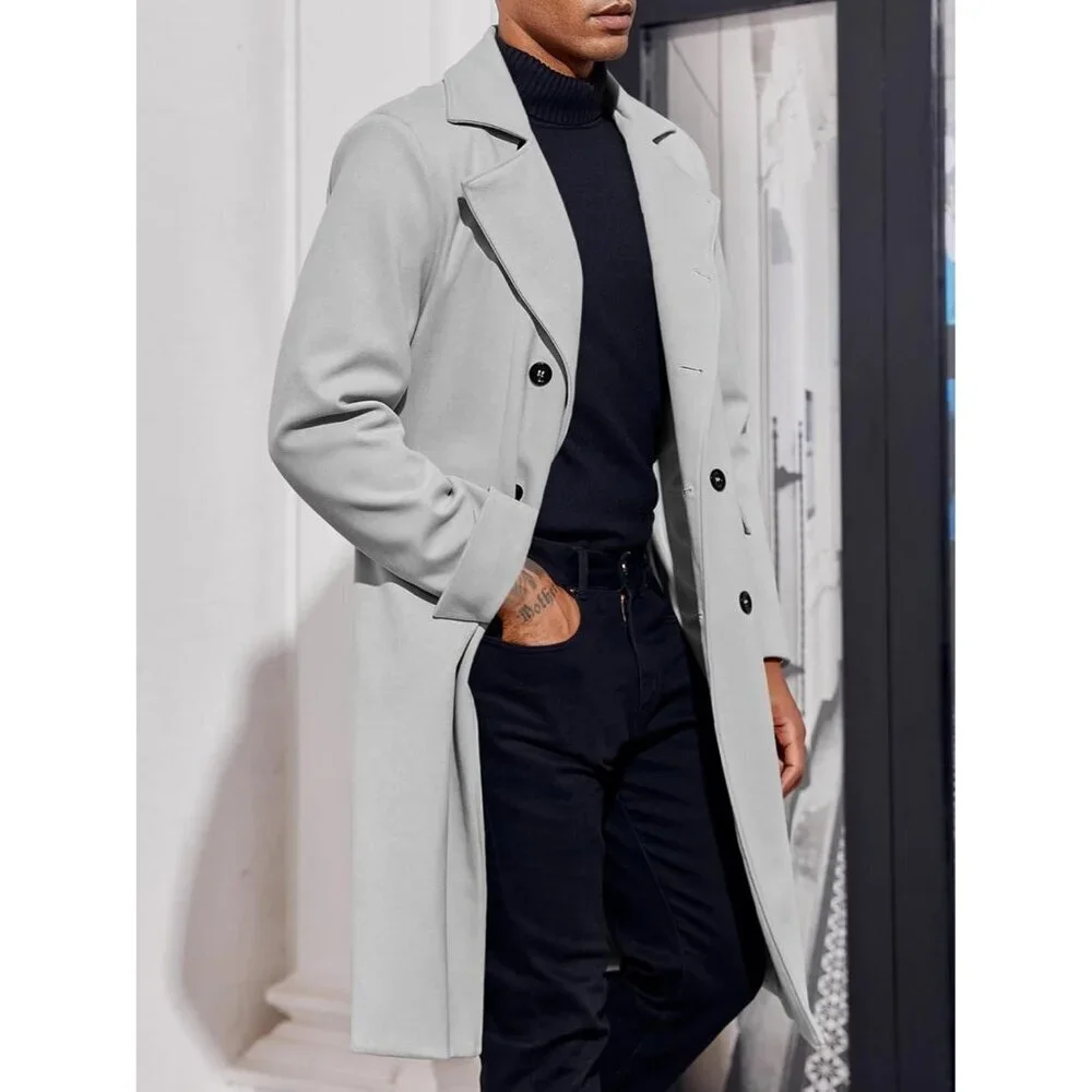 Men's Light Grey Notch Lapel Double Breasted Trench Coat Cotton Blend Pea coat